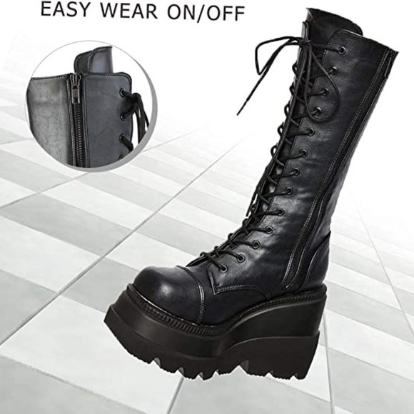 Burning Man Black Lace Up  Platform Combat Boots - Picture 5 of 6